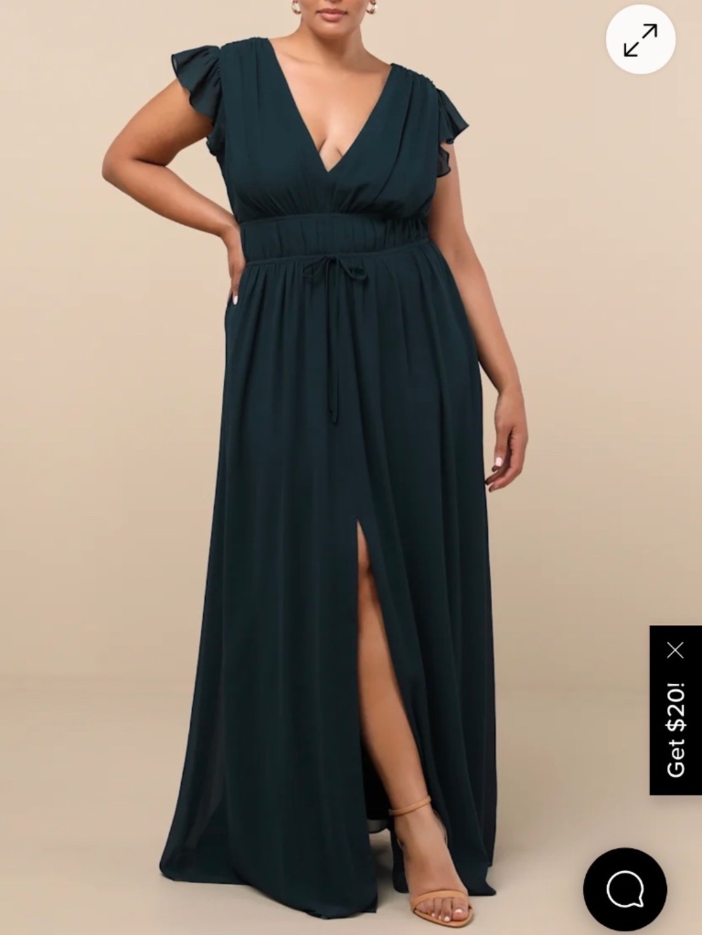 Deep Green Flutter Sleeve Maxi Dress with Waist Tie